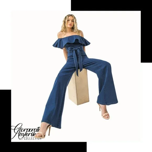 Denim off the Shoulder Ruffle Belted Jumpsuit - Picture 3 of 5